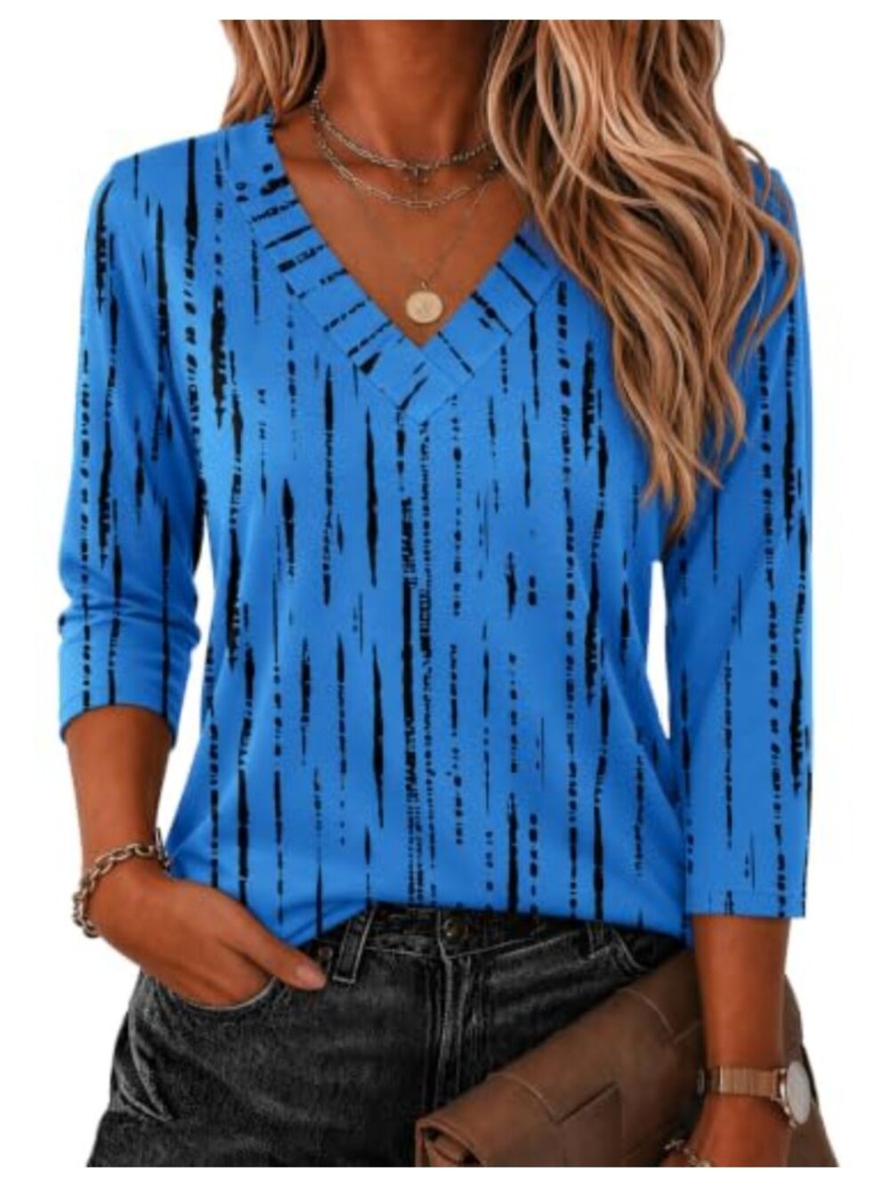 3/4 Sleeve V Neck Blouse Casual Floral Print Loose Fit Top